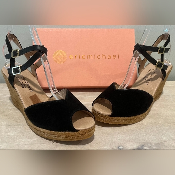 Eric Michael Black Leather Wedge Sandals. Size EU 41.  US 10.5 - 11 - Picture 1 of 12